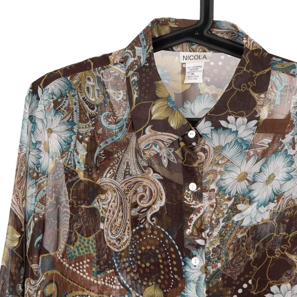 Y2K Sheer Blouse Tank Set XL Floral Blue Brown Paisley Boho Gypsy Whimsy Hippie - Picture 2 of 7